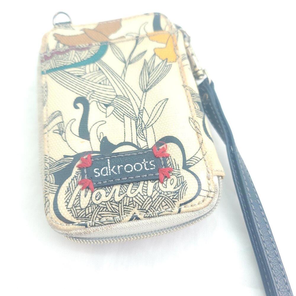 Sakroots Cream Black Flowers Birds Pre-owned Coated Canvas Wristlet